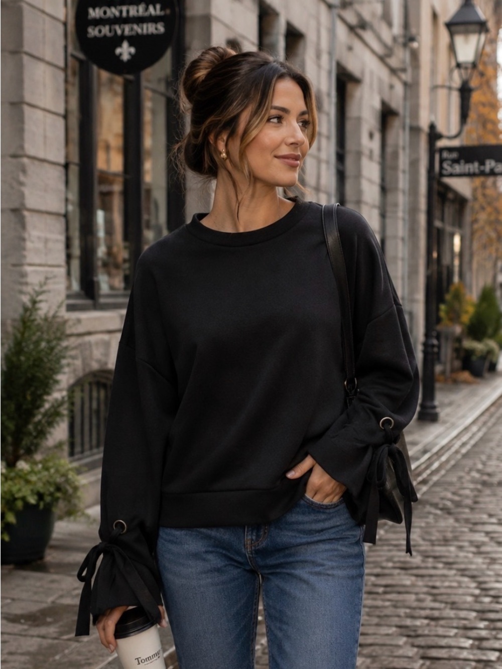OAK + FORT Black Tie Sleeve Sweatshirt | One Size | Minimalist Chic